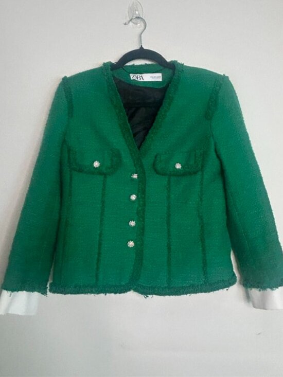 Zara Jackets & Blazers - Zara Lush Green Tweed Jeweled Rhinestone Buttons Raw Fringe Trim Lined Jacket